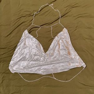 Backless Draped Collar Metallic Halter Top